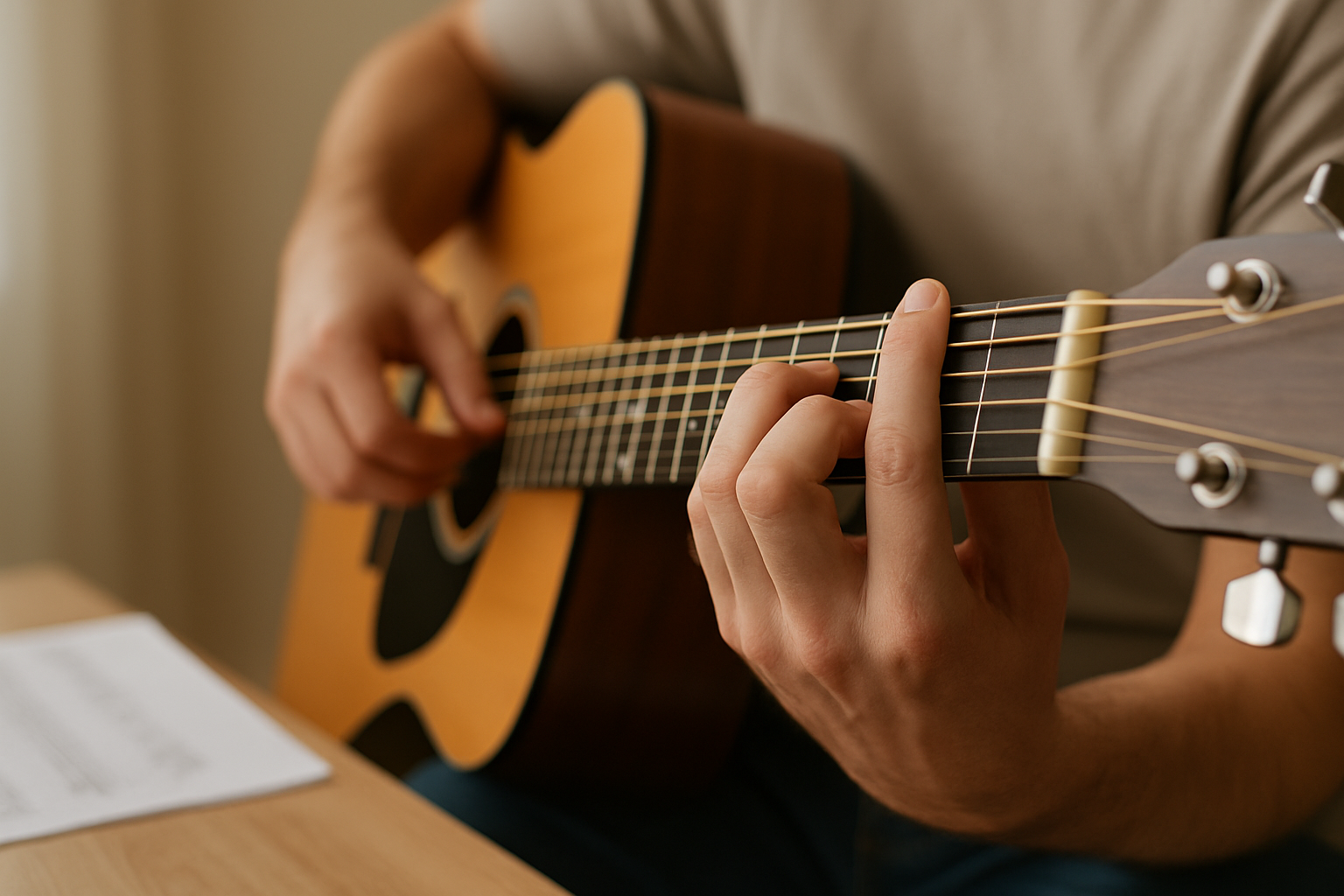 Close-up of a beginner forming a G major chord on an acoustic guitar, with sheet music in the background