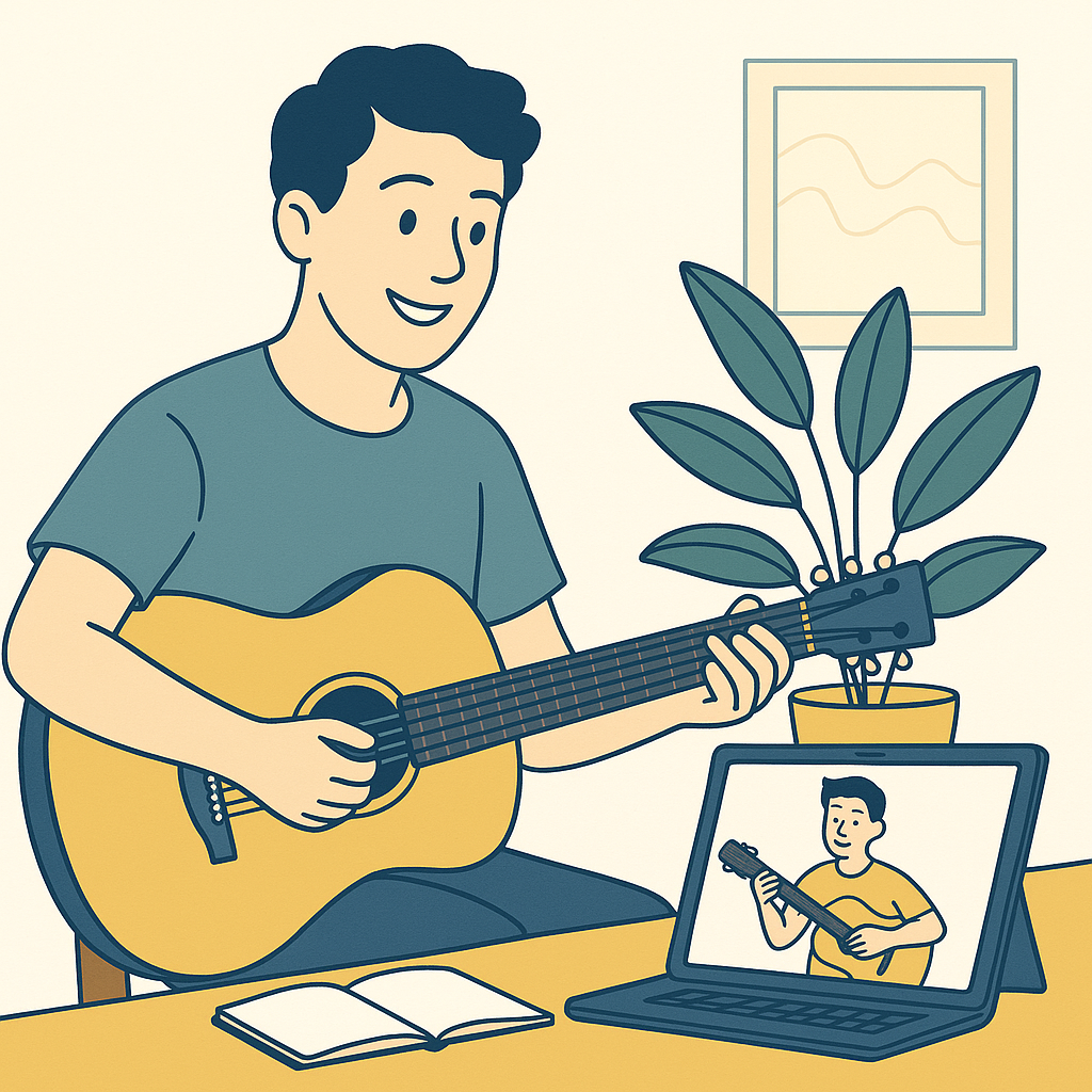 Student playing acoustic guitar in an online lesson