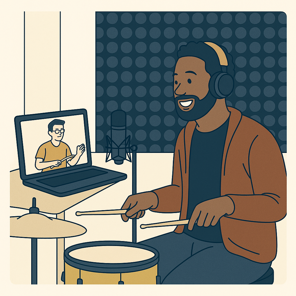 Drum student taking online lessons in a soundproof studio