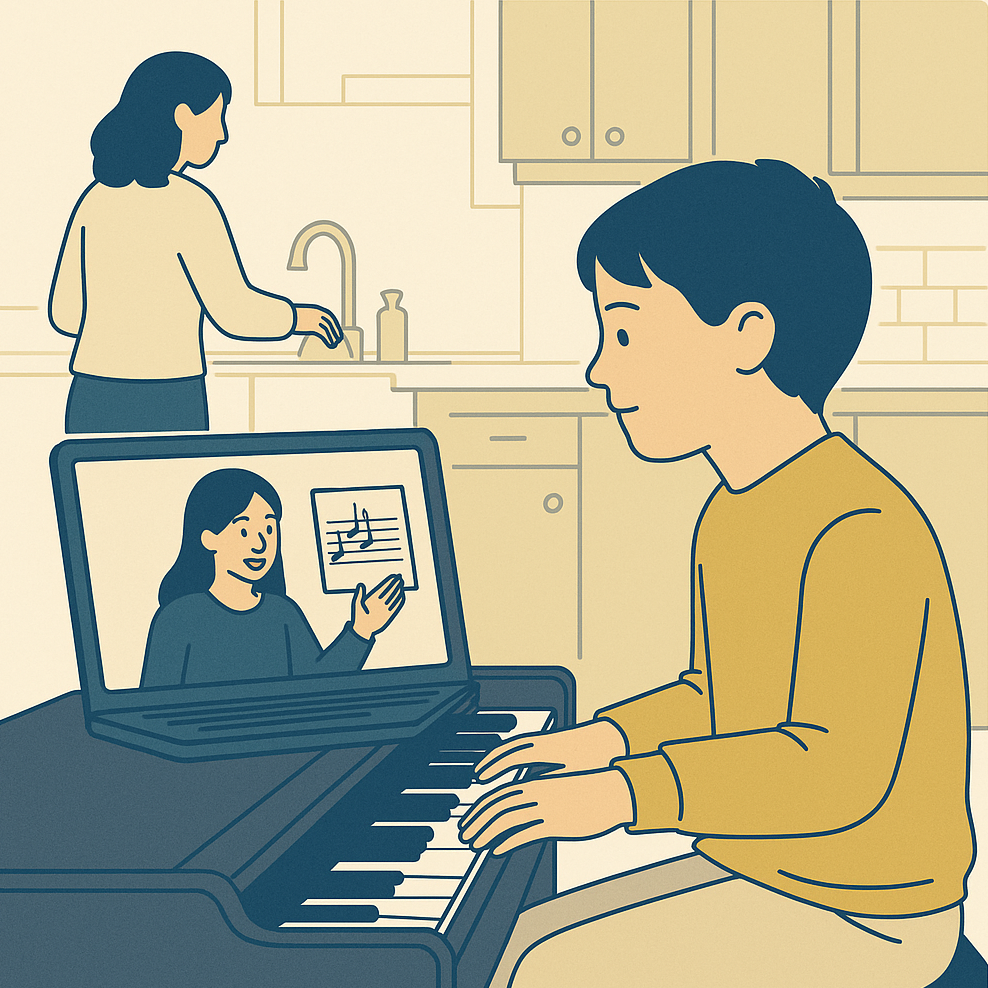 Mother observing son’s online piano lesson from kitchen background