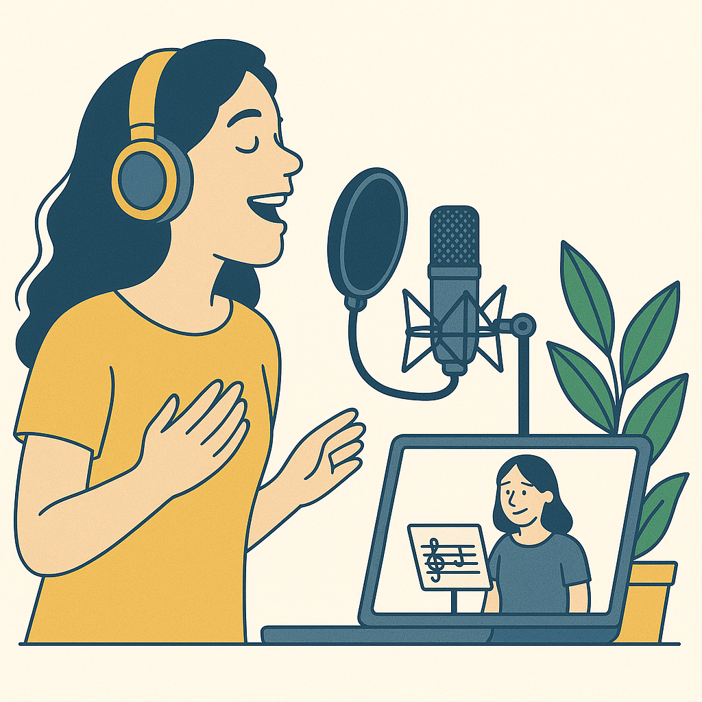 Student singing during online voice lesson