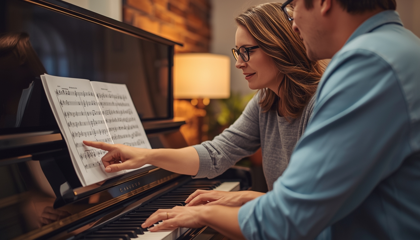 Female music teacher pointing at sheet music on a piano while explaining to a student