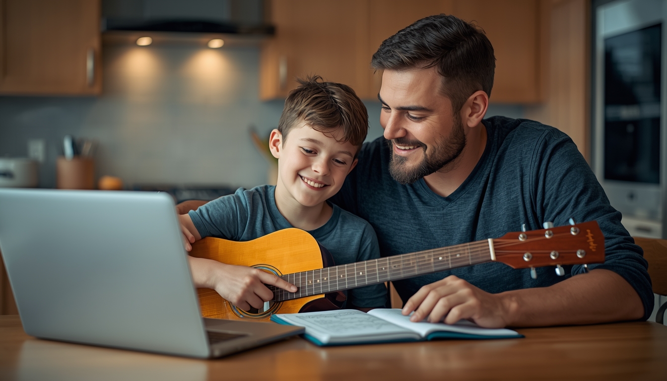 Father and son reviewing music lesson notes together at home