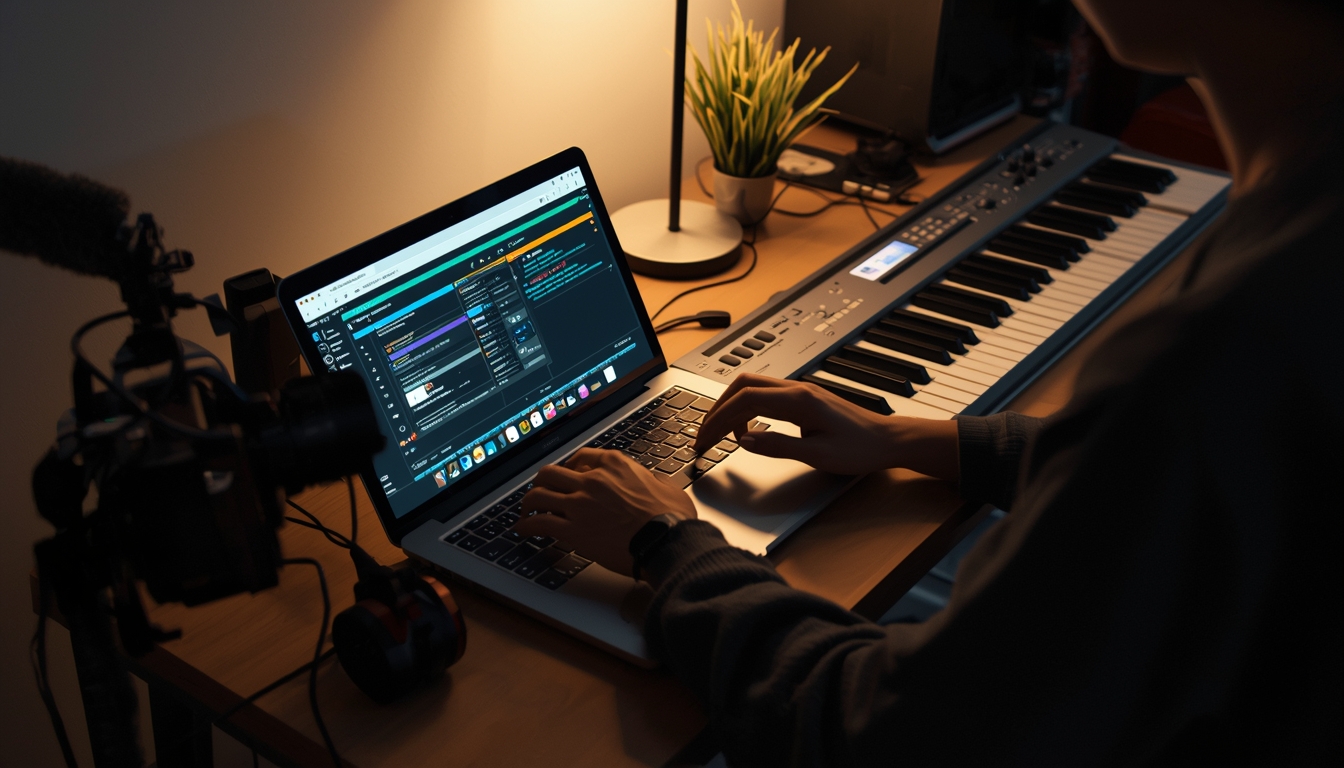 Person setting up a laptop on a desk next to a digital keyboard for an online music lesson