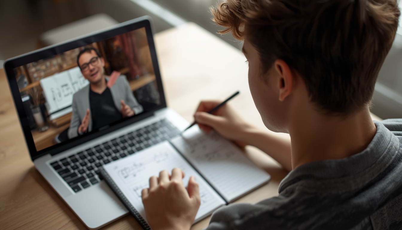 Young adult writing notes in a notebook during an online music lesson with a teacher on screen