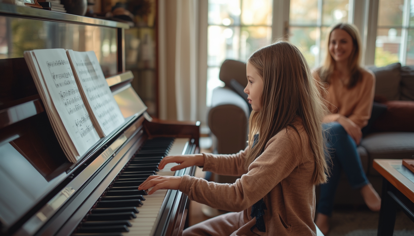 Child practicing piano at home during online music lesson