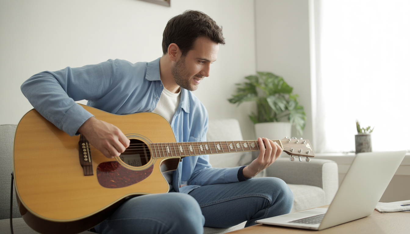 Man in his 30s playing acoustic guitar while watching an online lesson on a laptop