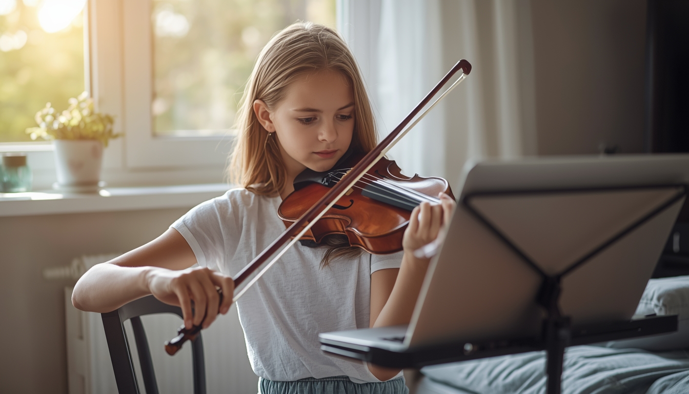 Young girl practicing violin at home with natural light from a window