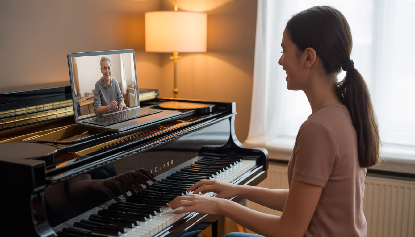 Teenage student at a grand piano taking an online lesson with a teacher on a laptop screen