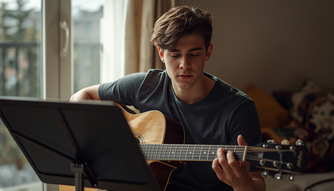 Young man practicing acoustic guitar at home with a music stand