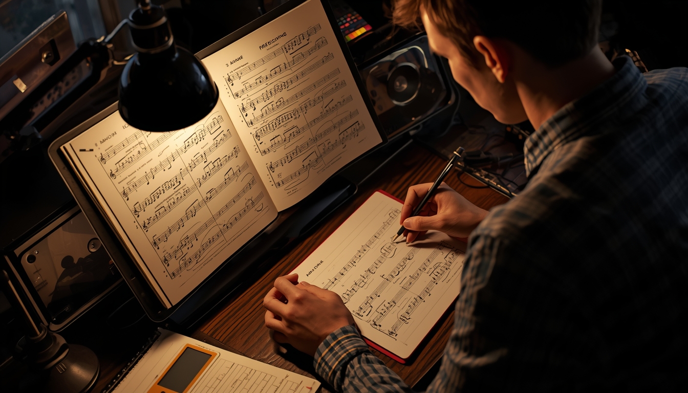 Musician writing practice notes at a desk with sheet music under a desk lamp