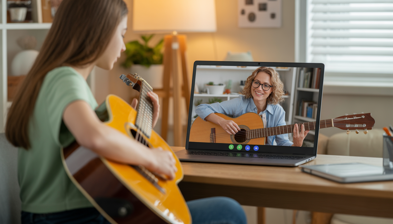 Student playing guitar during an online video lesson with a teacher on screen