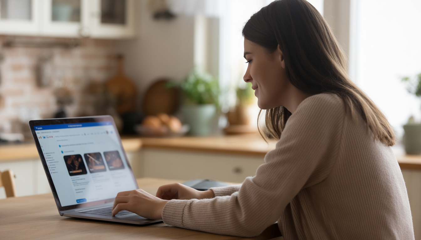 Woman sitting at a laptop at a kitchen table browsing online music lessons