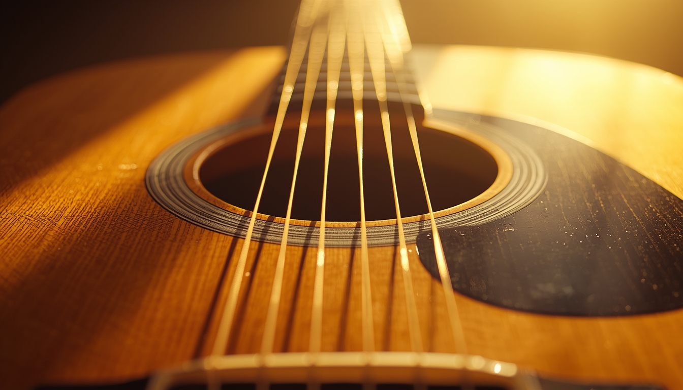 acoustic guitar closeup warm sunlight