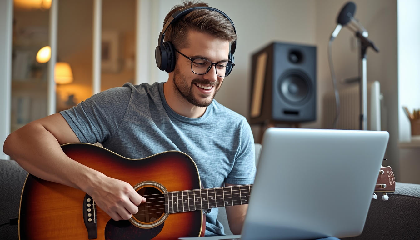 adult man online music lesson headphones