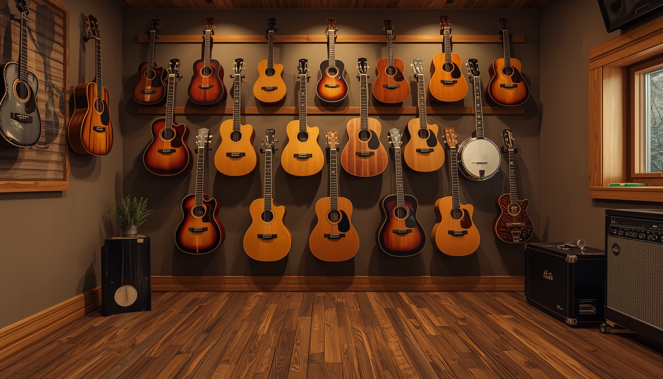 music studio instruments wall display