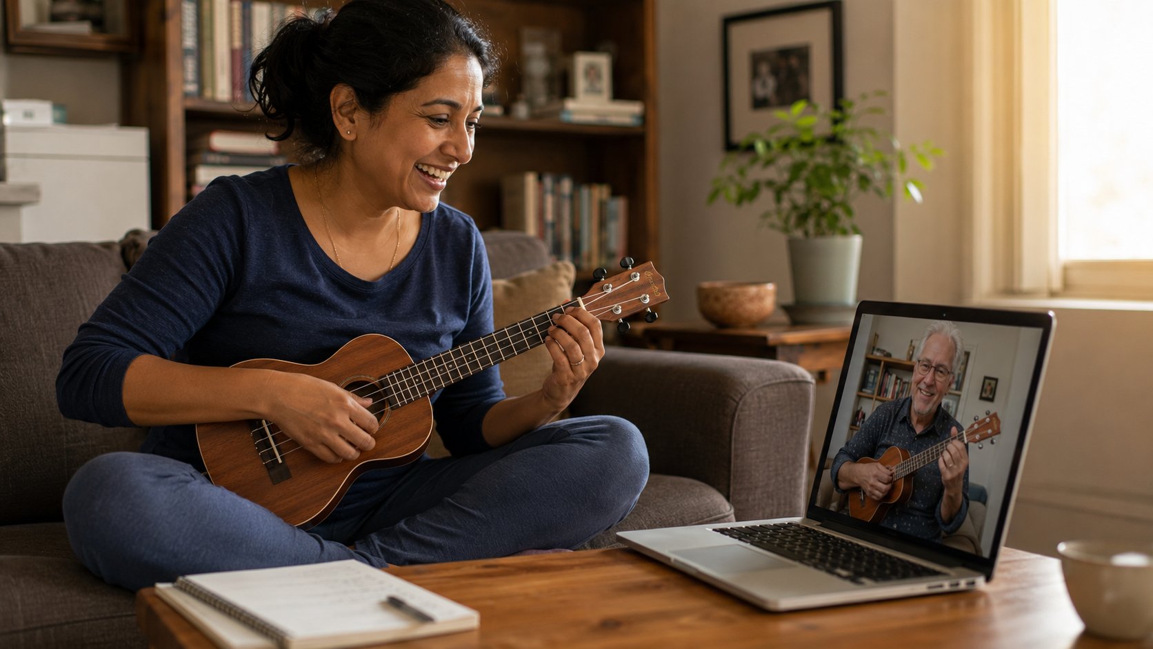 Adult beginner laughing with relief during their first ukulele lesson online