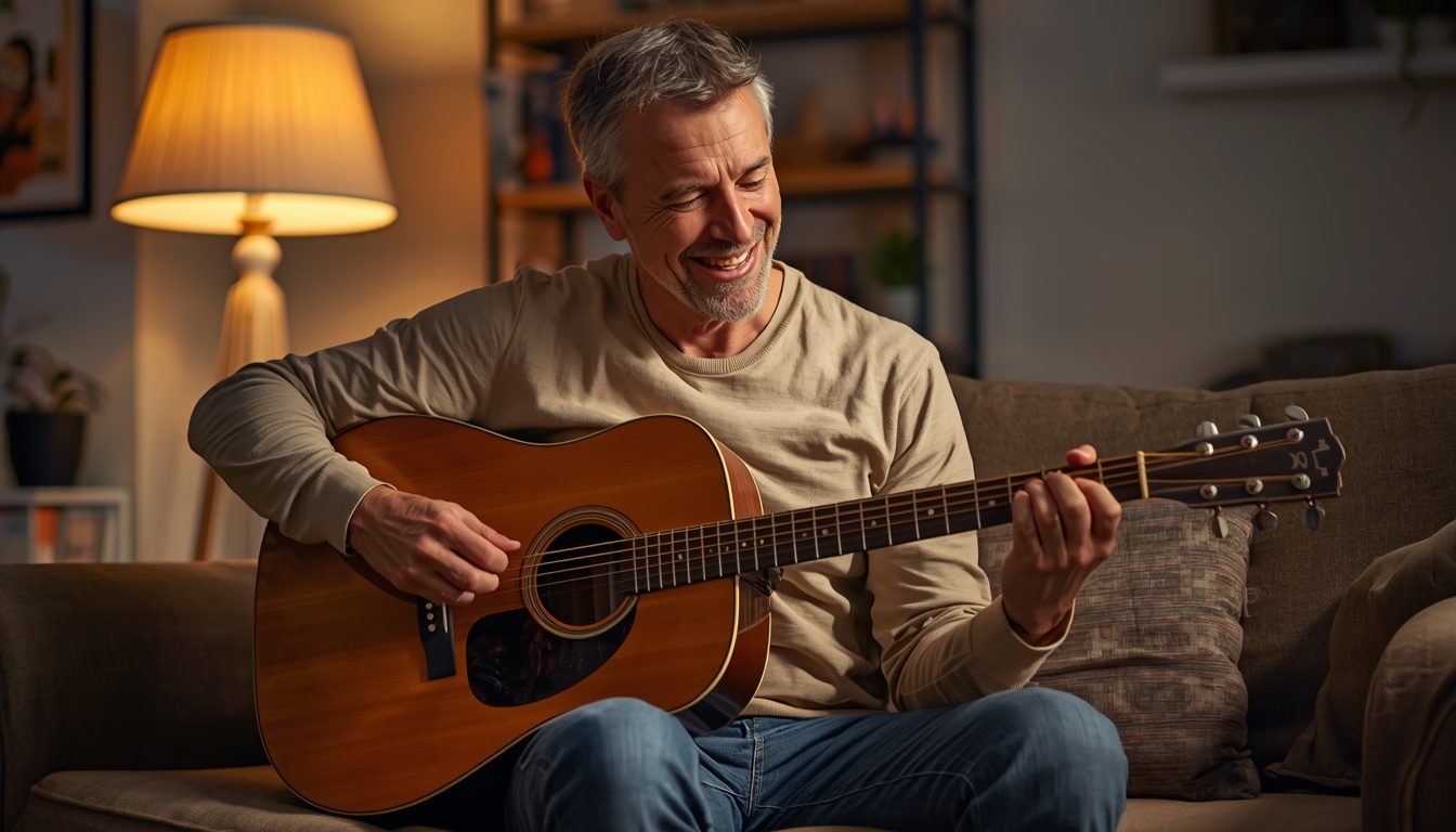 Adult learner during a focused music practice session at home
