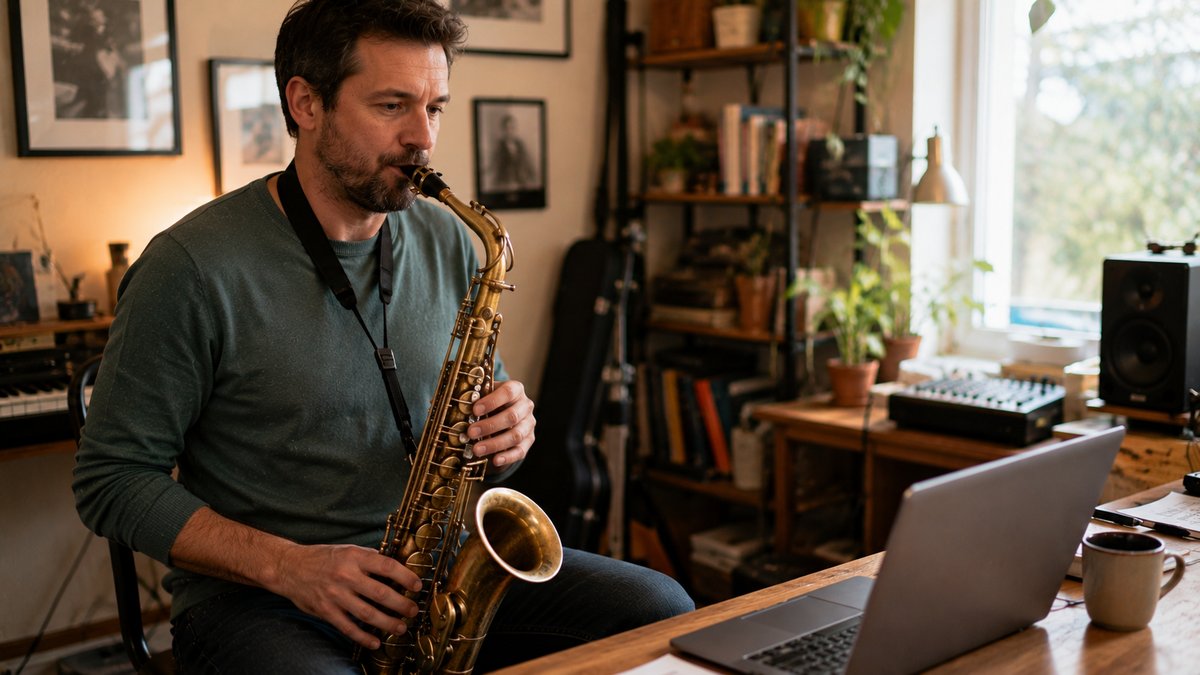 Adult saxophone student in an online lesson at home
