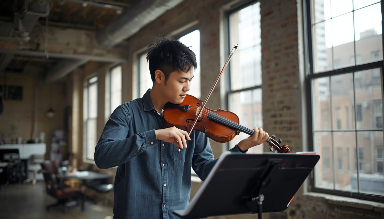 Adult woman practicing violin in a loft apartment