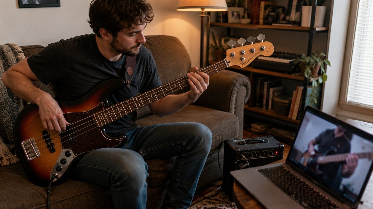 New bass player practicing at home during an online lesson