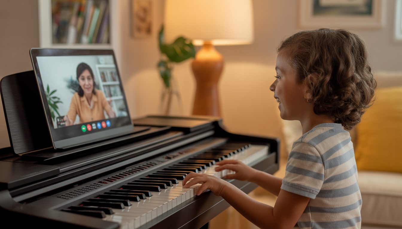 Child engaged with music learning at home in a supportive environment