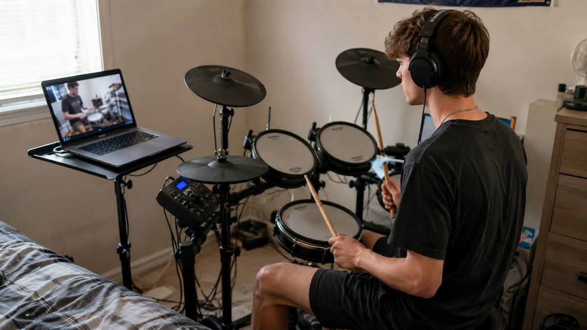 Beginner drummer playing an electronic kit during an online lesson