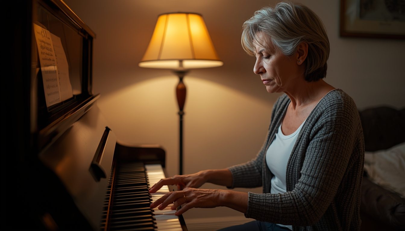 Middle-aged woman in a focused expression practicing piano in a sunlit room