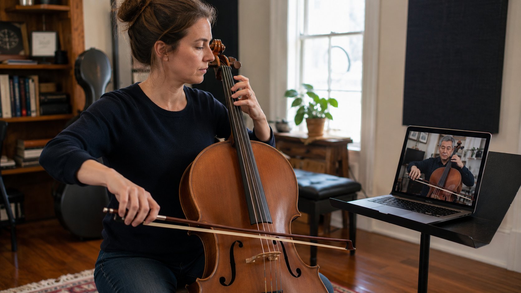 Adult playing cello at home during an online music lesson