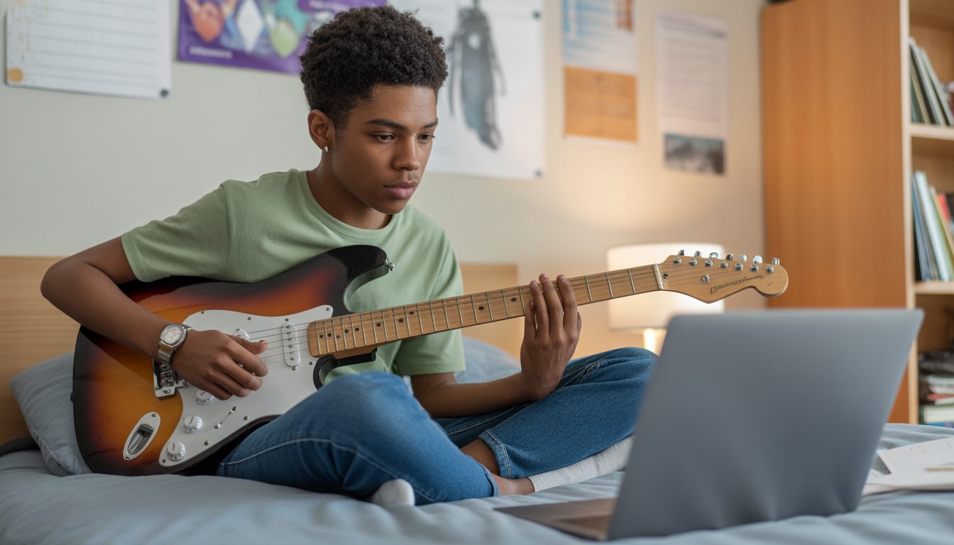 Teenage boy taking an online guitar lesson in his bedroom