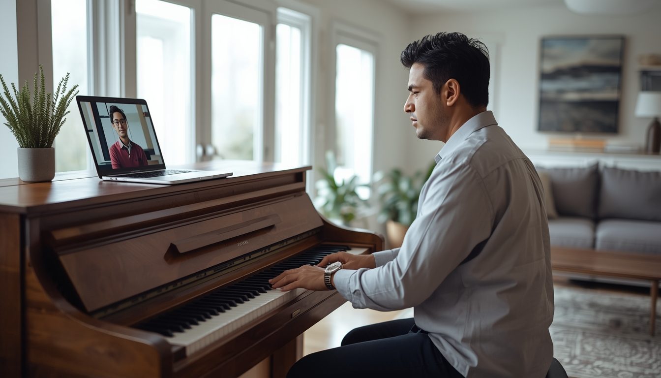 Adult man taking online piano lesson at his upright piano in a sunlit living room