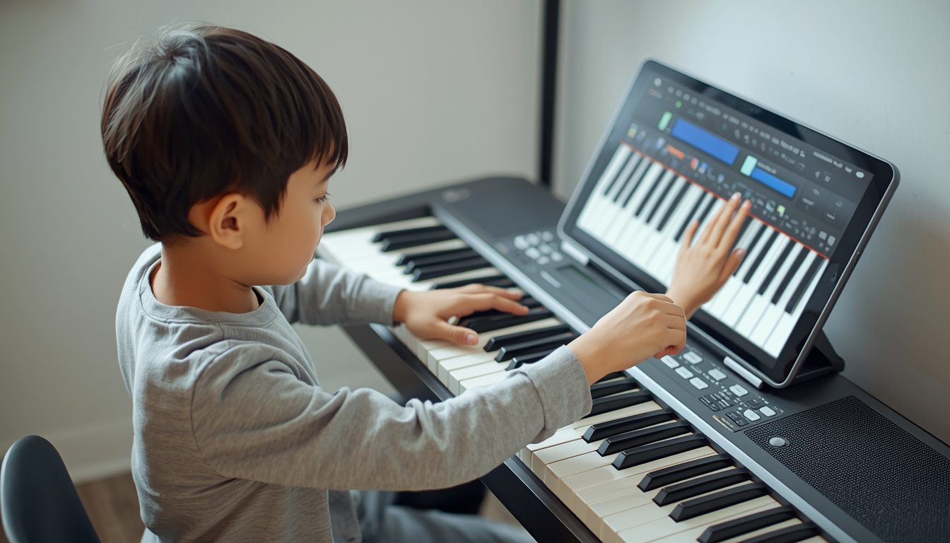 Young child taking an online piano lesson on a tablet at home