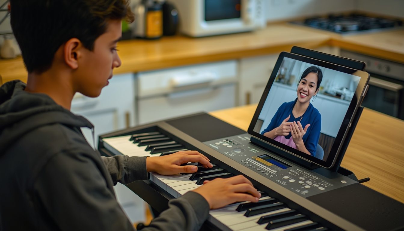 Teen boy taking an online piano lesson on a tablet propped on the music desk of an upright piano