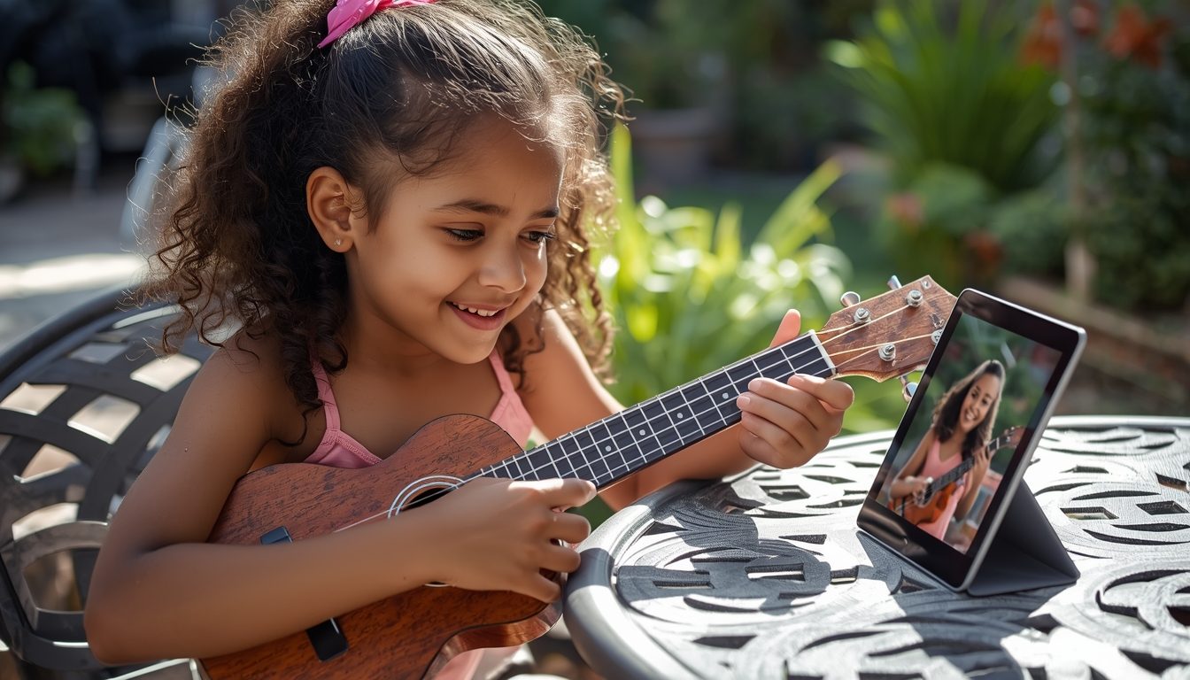 Young child playing ukulele during an outdoor music lesson on a sunny patio
