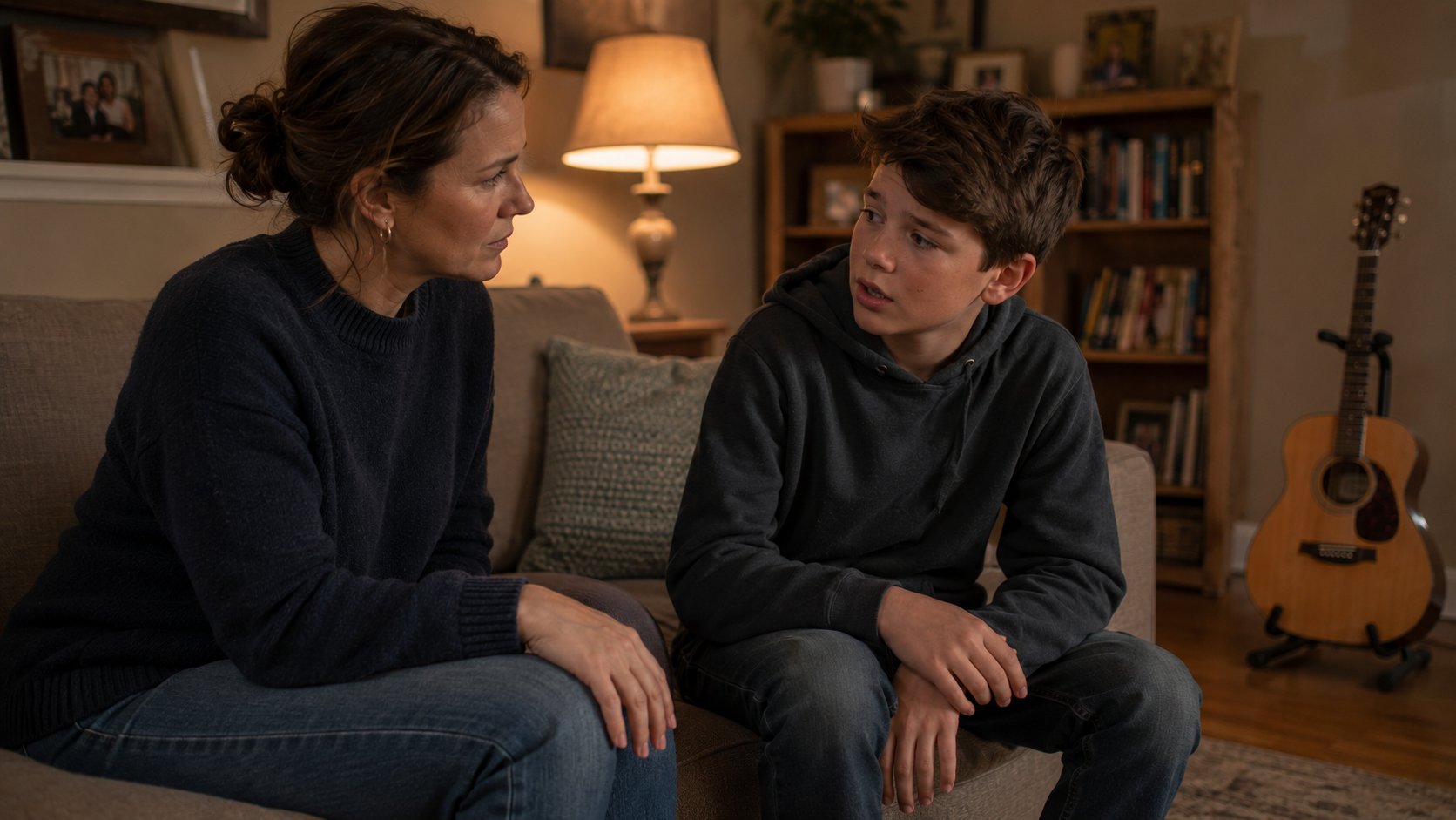 Parent and child having an honest conversation about music practice on a couch