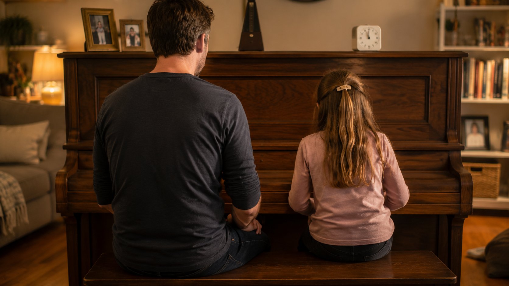 Parent sitting calmly with a child at an upright piano during home practice