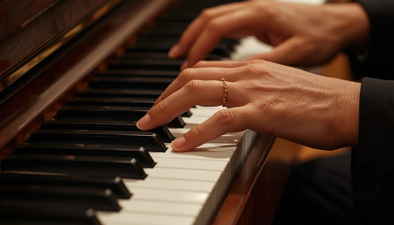 Closeup of relaxed hands resting on piano keys in correct beginner position
