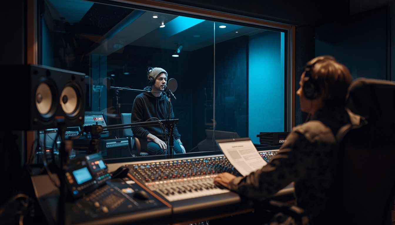 Vocalist in a professional recording studio booth with a condenser microphone