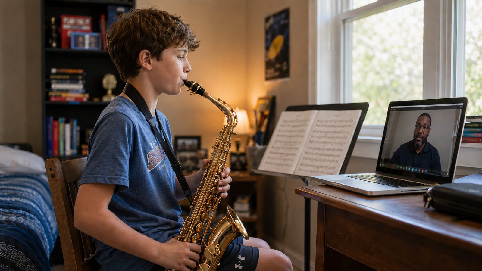 Preteen boy playing alto saxophone in his bedroom during an online lesson, teacher visible on laptop screen