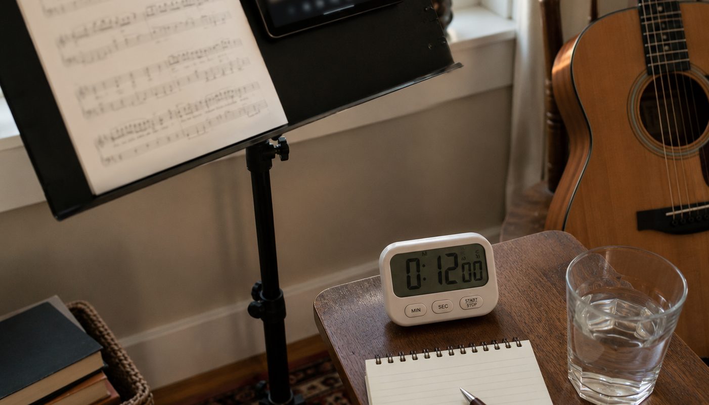Adult using classical music as a focus aid during a quiet study session