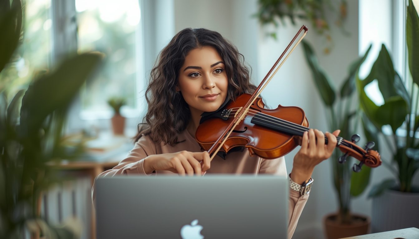Online violin lesson scene with student and teacher on video call