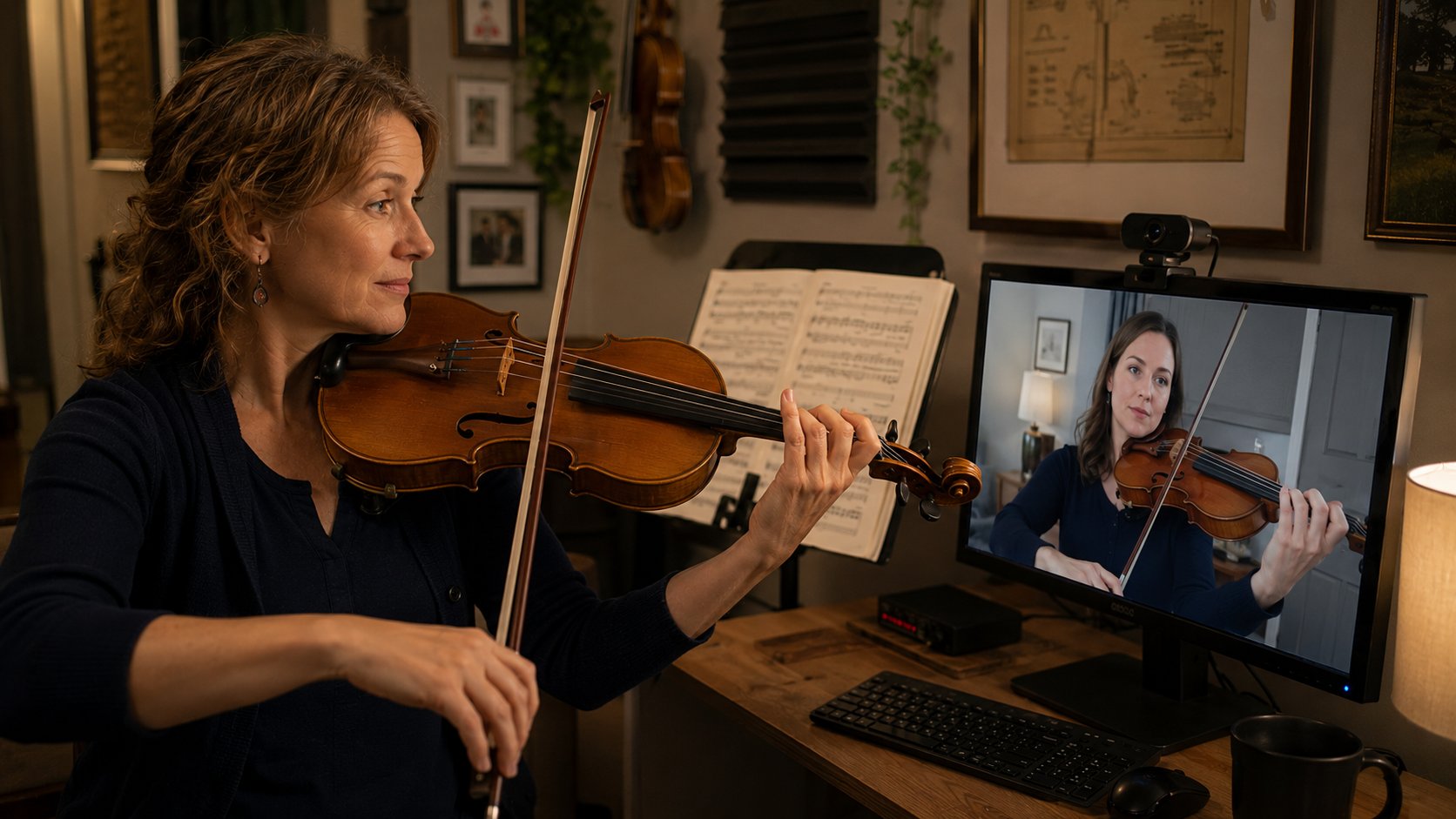Music teacher demonstrating violin technique to a student during an online lesson