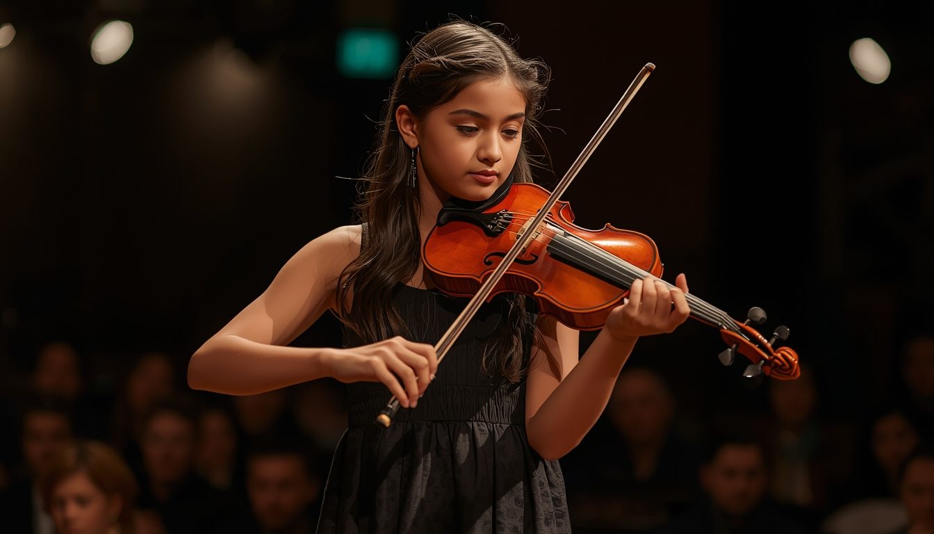 Teen violinist mid-performance at a recital