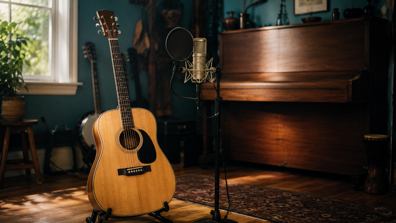 A warm home music corner with an acoustic guitar on a stand, a studio vocal microphone beside it, and a closed wooden upright piano softly blurred in
