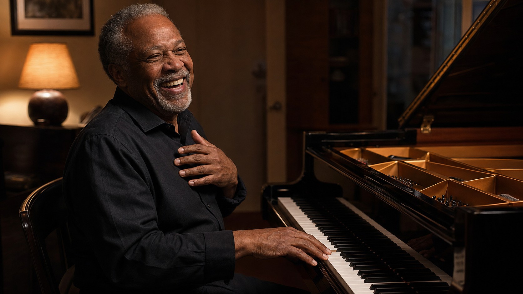 Adult beginner smiling with pride after finishing his first song on piano