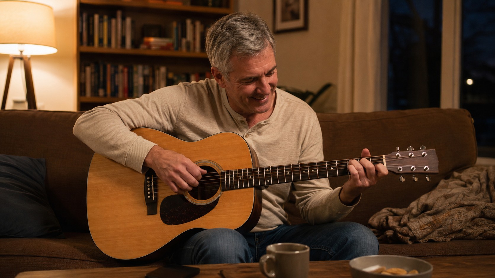 Adult playing acoustic guitar at home in the evening
