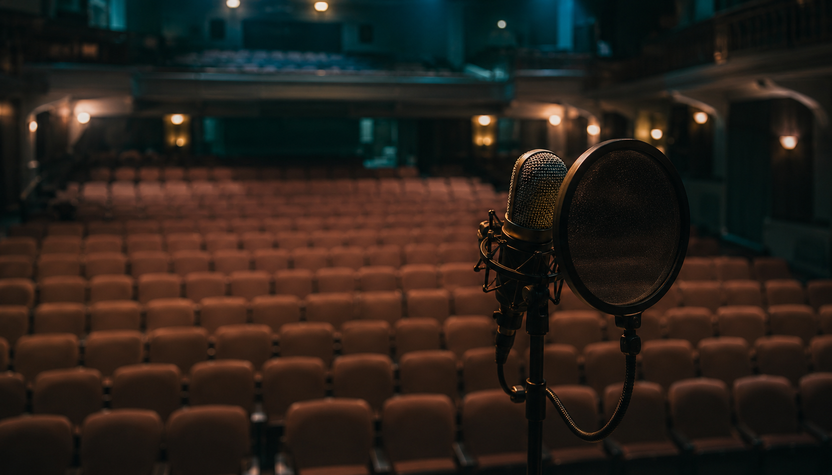 A performer's-eye view from the front of a stage of a vocal microphone on a stand with a warm, welcoming, softly blurred empty theater of seats behind