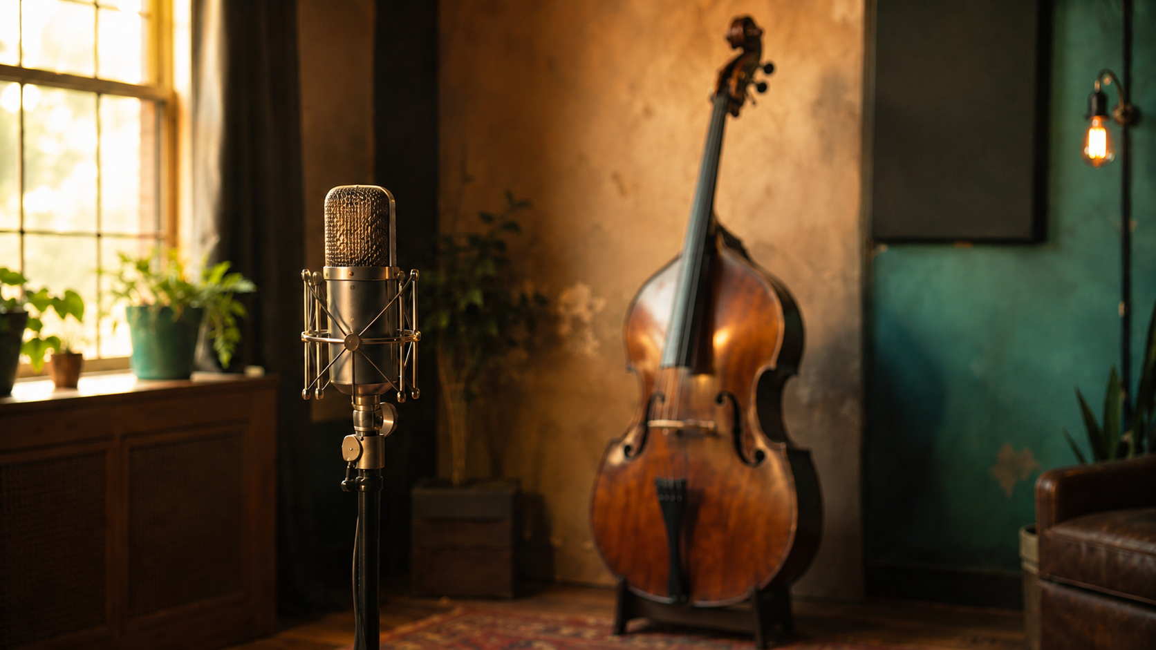 A vocal microphone on a stand with an upright double bass softly blurred behind it in a warm studio