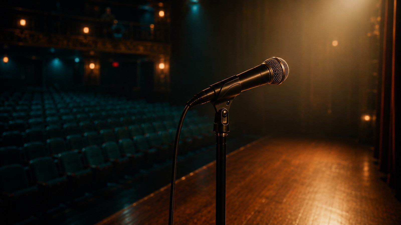A microphone on a stand under soft stage lighting, viewed from the wings before a performance
