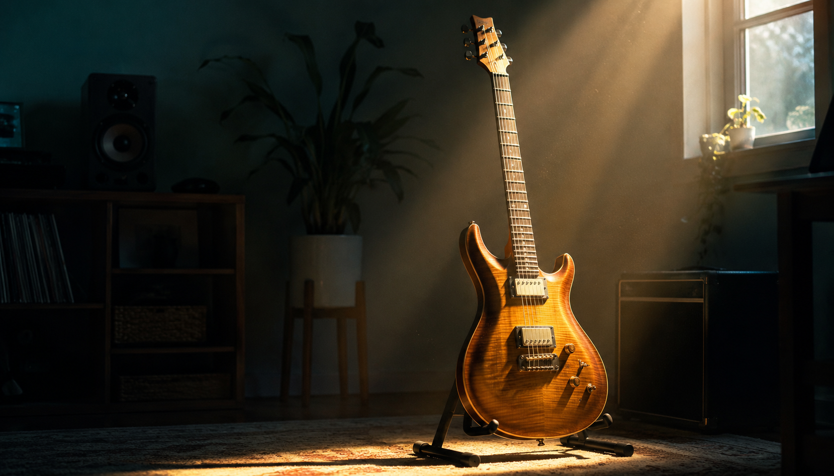 A single warm shaft of light breaking across an electric guitar on a stand in a calm, dim music room.